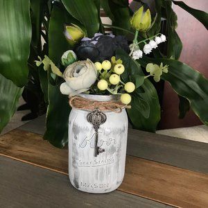 Handmade Black and Gray Floral Arrangement in Metallic Silver and White Kerr Jar